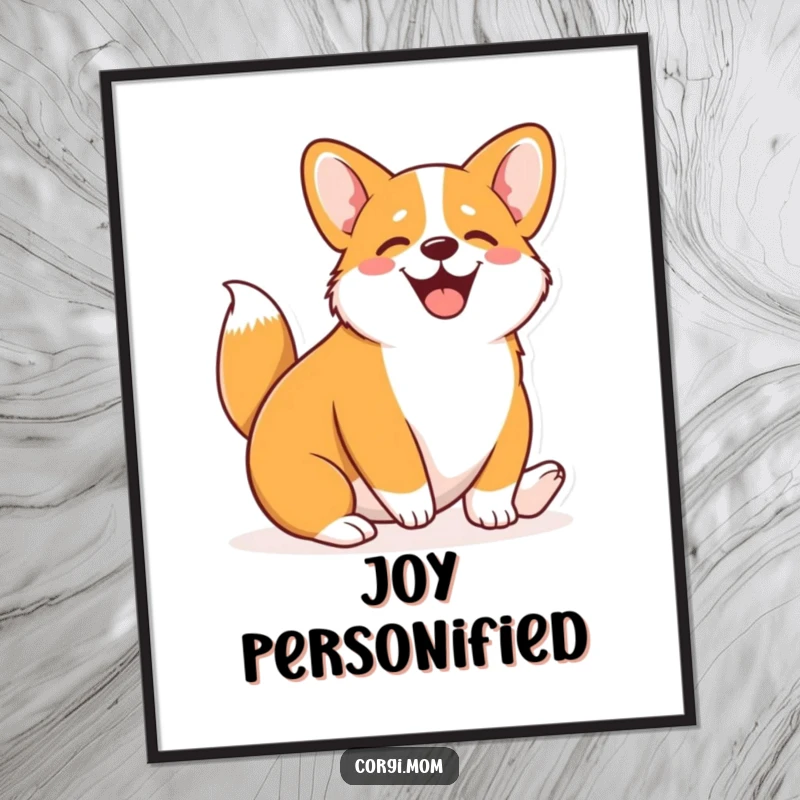 Funny Kawaii Corgi poster depicting a cute Corgi wiggling its entire body with pure joy, perfect decor.