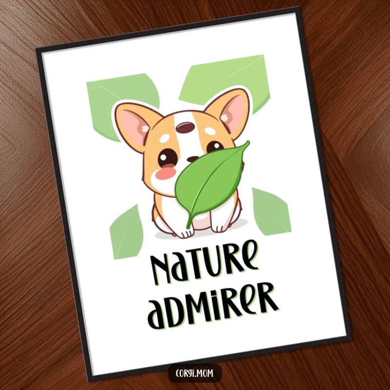 Funny Kawaii Corgi poster, tilting head with innocent eyes at a floating leaf, charming and humorous wall art.