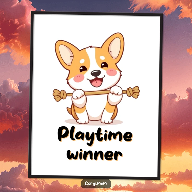 Funny Kawaii Corgi poster, playing tug-of-war with a happy snort, energetic and humorous wall art.