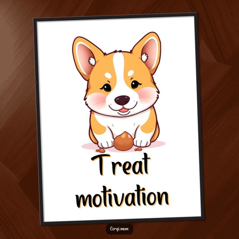Funny Corgi poster, a Corgi intently focused on a dropped treat with pure, comical excitement.