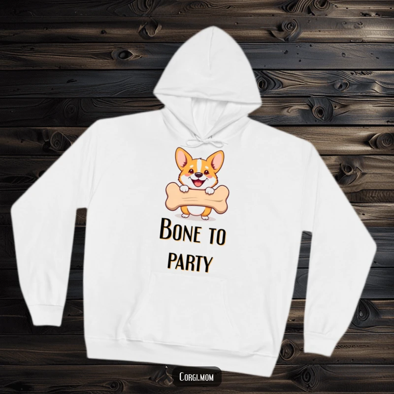 Funny Corgi hoodie with a happy dog peeking from behind a bone. Perfect for cozy humor and a funny gift.