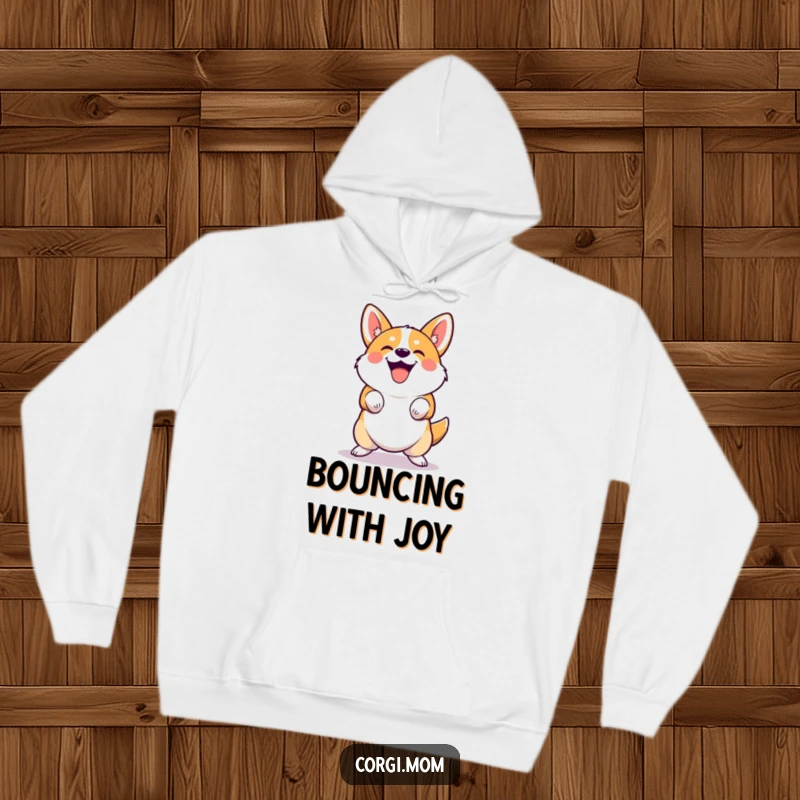 Funny cute Corgi hoodie performing a joyful, squatting bounce. Great for cozy humor and a funny gift.