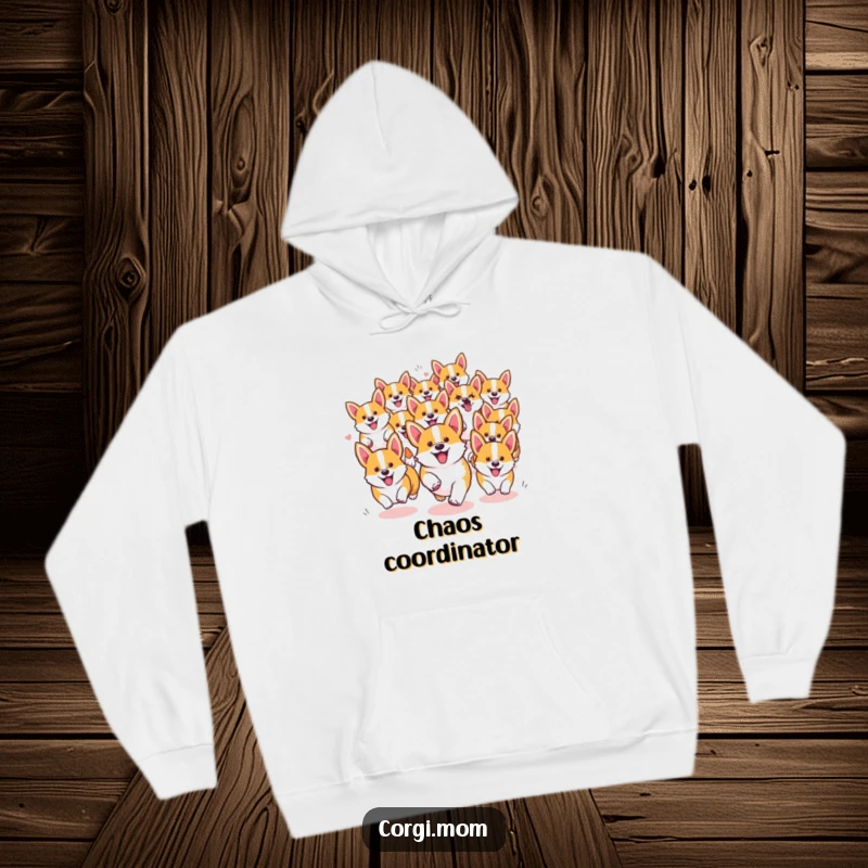 Funny Kawaii Corgi hoodie featuring a delightful, chaotic pack of dogs running together, offering warmth and humor.