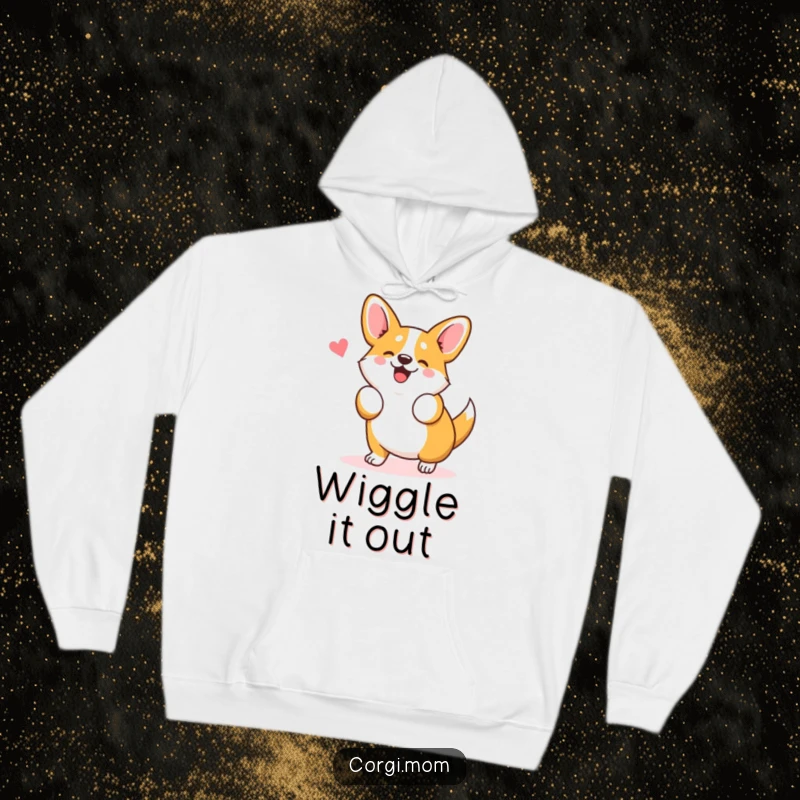 Funny Kawaii Corgi Hoodie featuring a cute Corgi dog doing a silly wiggle dance, offering cozy comfort and humorous charm.
