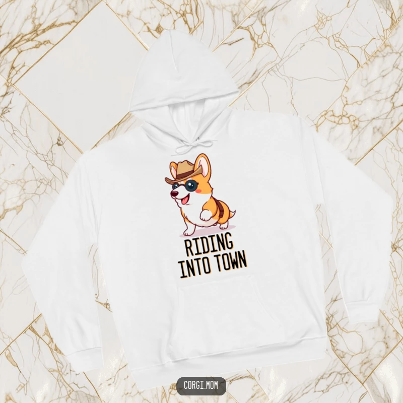 Funny Kawaii Corgi proudly trotting wearing a tiny cowboy hat, a cozy and humorous hoodie.