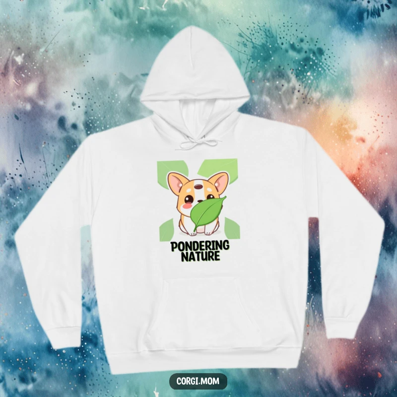 Funny Kawaii Corgi hoodie, head tilted with innocent eyes at a floating leaf, soft and humorous.
