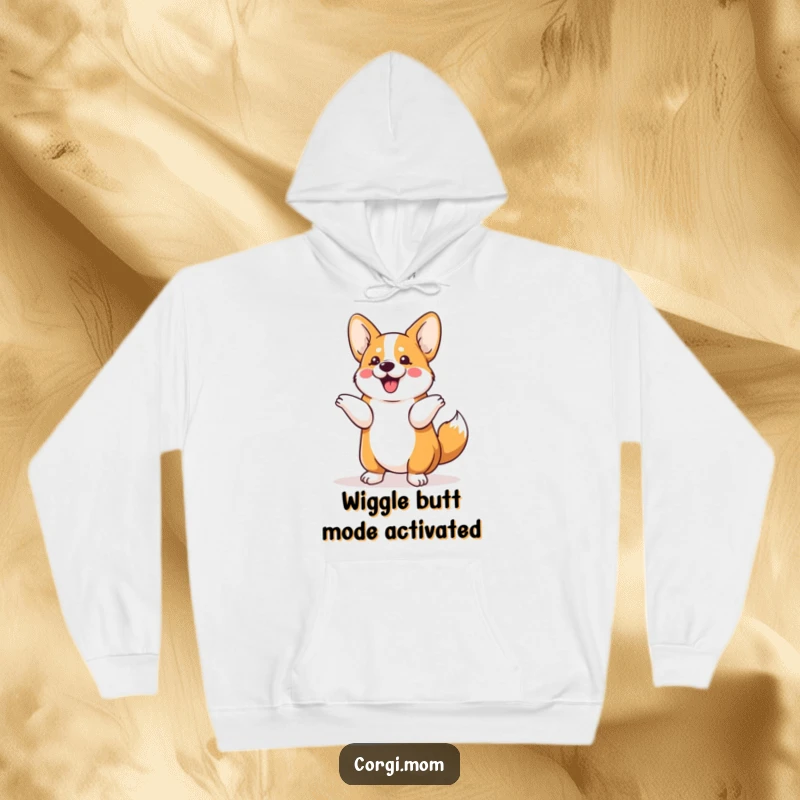 Funny Kawaii Corgi hoodie showcasing a dog doing an adorable tail shimmy, offering warmth and a touch of humor for dog lovers.