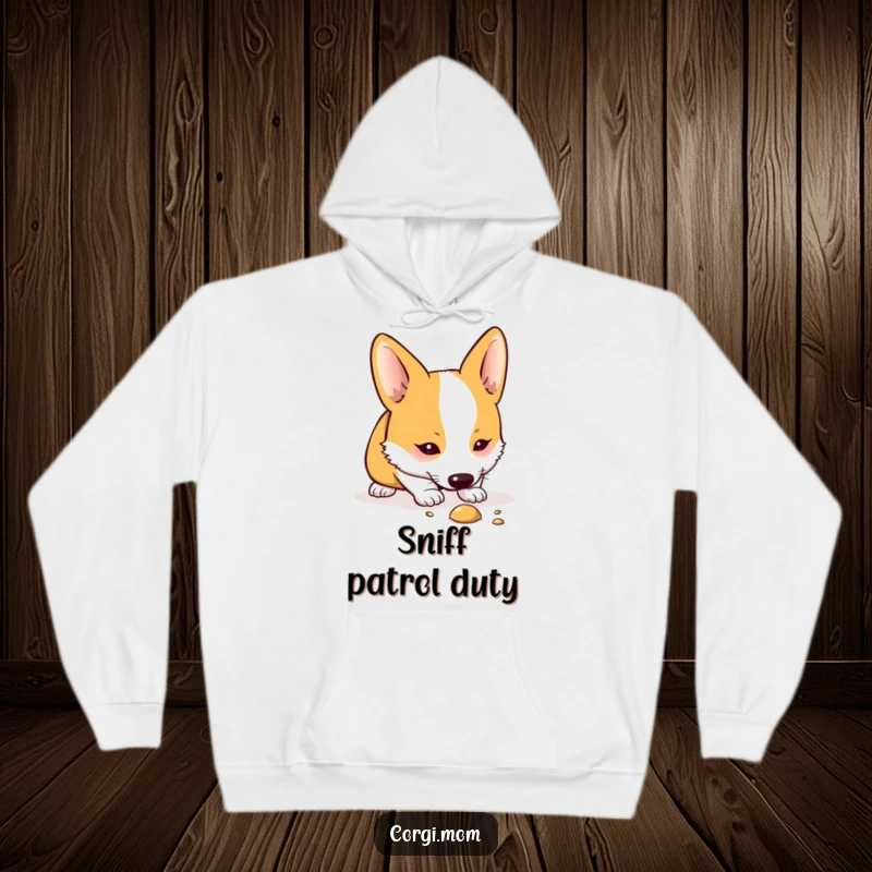 Funny Kawaii Corgi hoodie showing a cute dog sniffing the ground, offering warmth and a touch of playful curiosity for dog enthusiasts.