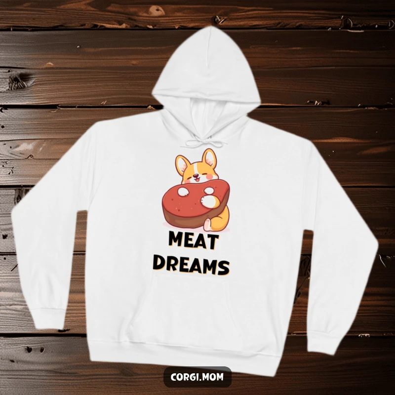 Funny Kawaii Corgi hoodie, happily hugging a large plush steak, super soft and humorous gift for dog lovers.
