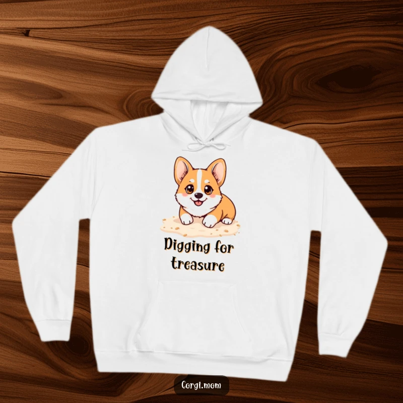 Funny Kawaii Corgi hoodie, bright happy eyes, playfully digging in soft sand, offering warmth and humorous beach vibes.