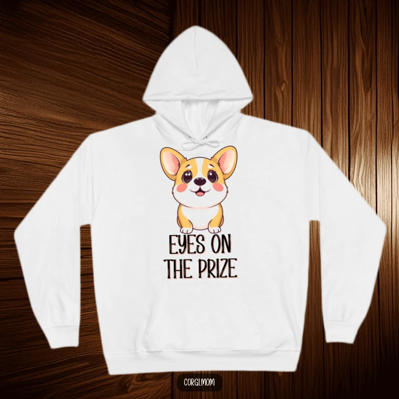 Funny kawaii corgi with incredibly wide, eager eyes looking upwards, adding a sweet and humorous touch to a cozy hoodie.