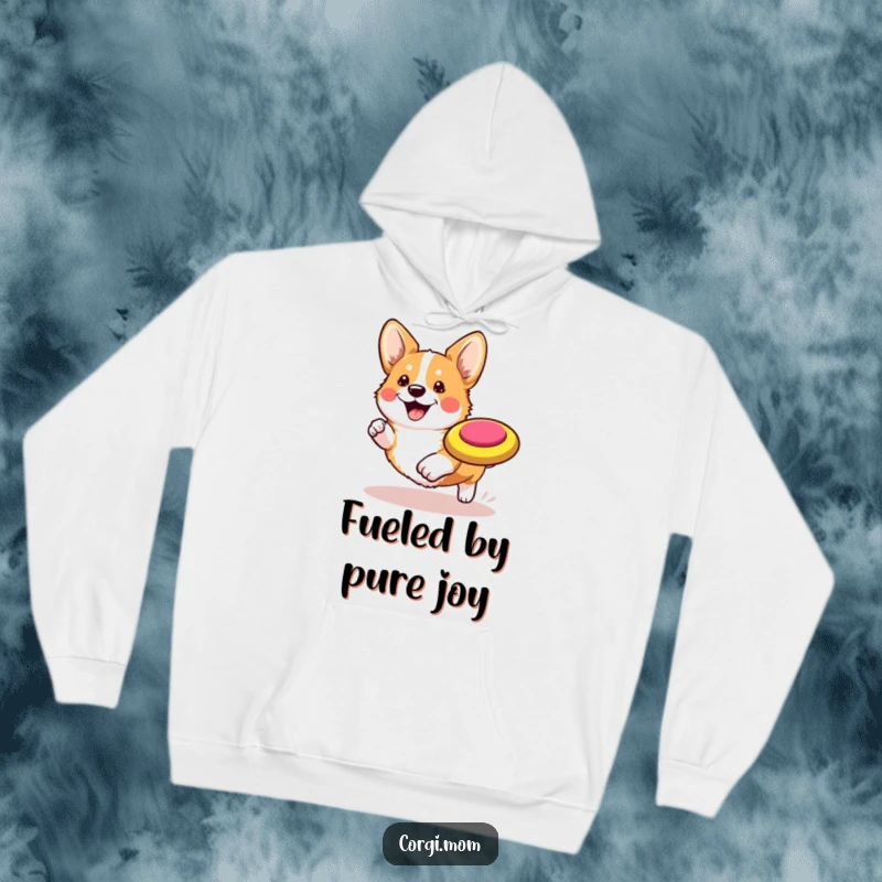 Funny Kawaii Corgi Hoodie: A soft hoodie showcasing a happy Corgi in mid-chase of a frisbee.