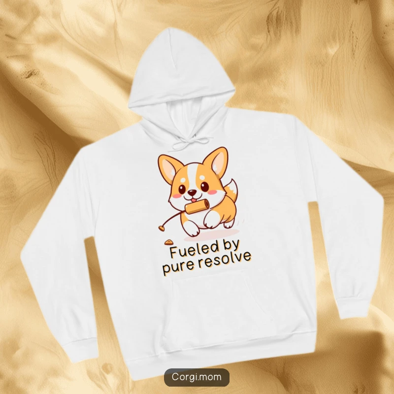 Funny kawaii Corgi with a determined expression chases a rolling treat on this comfortable and humorous hoodie.