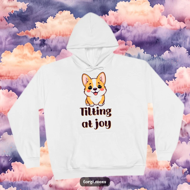 Funny hoodie featuring a kawaii corgi with a comically happy head tilt, looking utterly charming and curious.