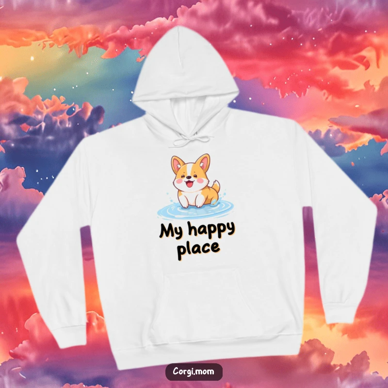 Funny Kawaii Corgi Hoodie: a cute corgi with a big smile joyfully splashing water in a puddle, a delightful cartoon.