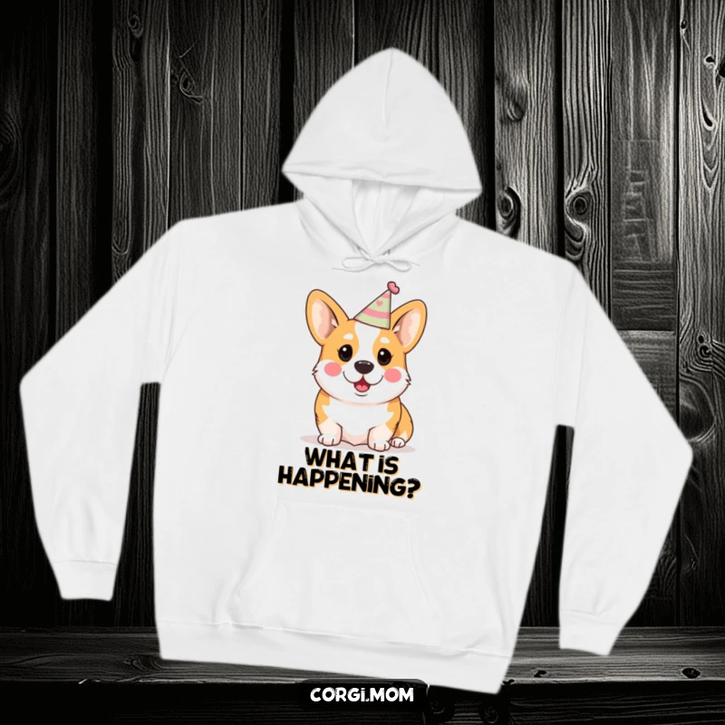 Funny Kawaii Corgi Hoodie: A soft hoodie showing a cute Corgi looking surprised under a tiny party hat.