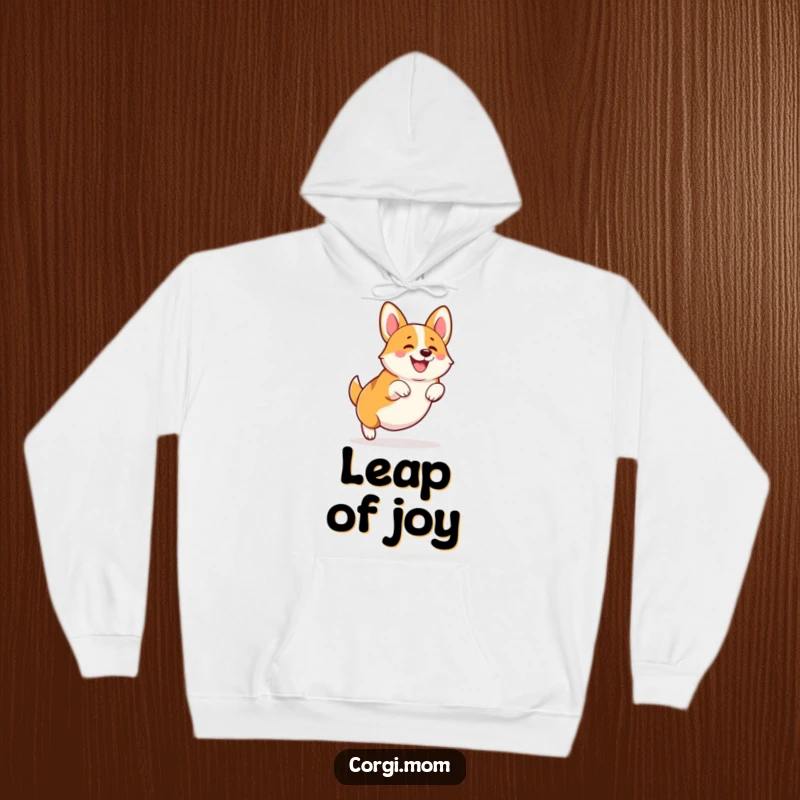 Funny Kawaii Corgi hoodie, captured mid-squatting leap with energetic stubby legs, exuding pure joy and cuteness, ideal for Corgi fans.