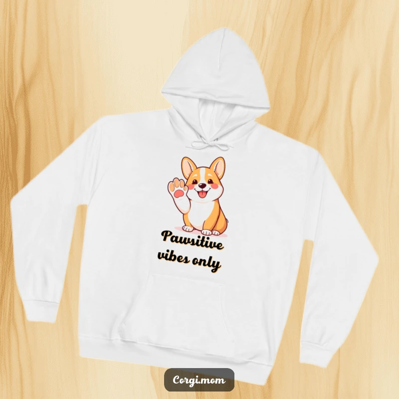 Funny Corgi hoodie featuring a happy Corgi offering a friendly paw with a joyous pant, ideal for dog lovers.