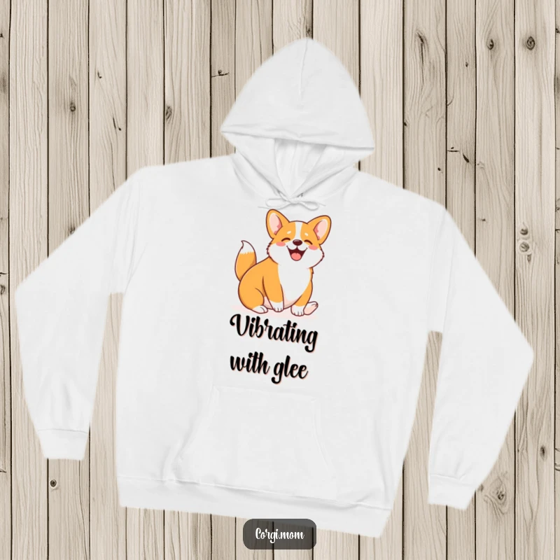 Funny Kawaii Corgi hoodie featuring a cute Corgi wiggling its entire body with pure joy, perfect for warmth.