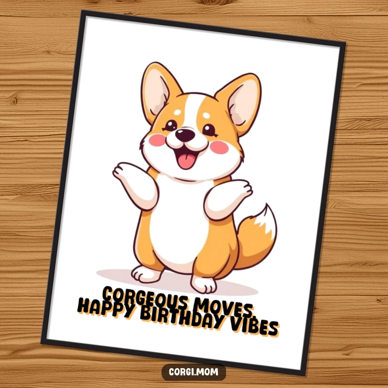Funny Free Printable Wall Art: Kawaii Corgi doing an energetic tail shimmy, bringing playful vibes to any room.