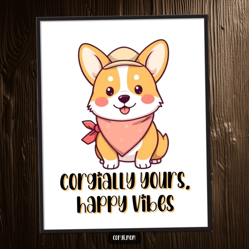 Funny Free Printable Wall Art: A charming kawaii corgi wearing a cute bandana and hat, exuding playful vibes for your home.