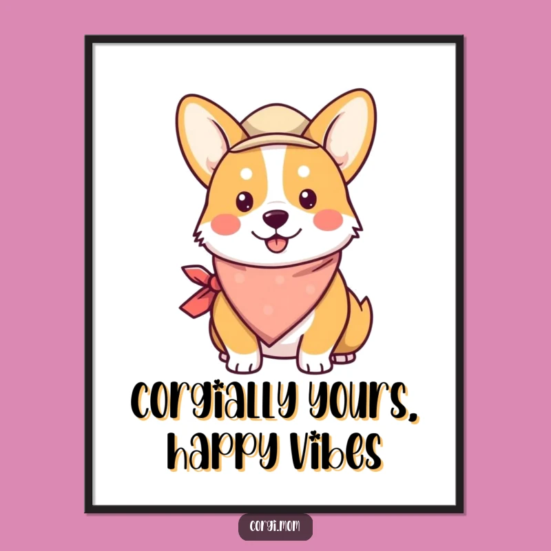 Free Printable Wall Art: Funny Kawaii Corgi with Bandana Hat - DIY Downloadable Decor