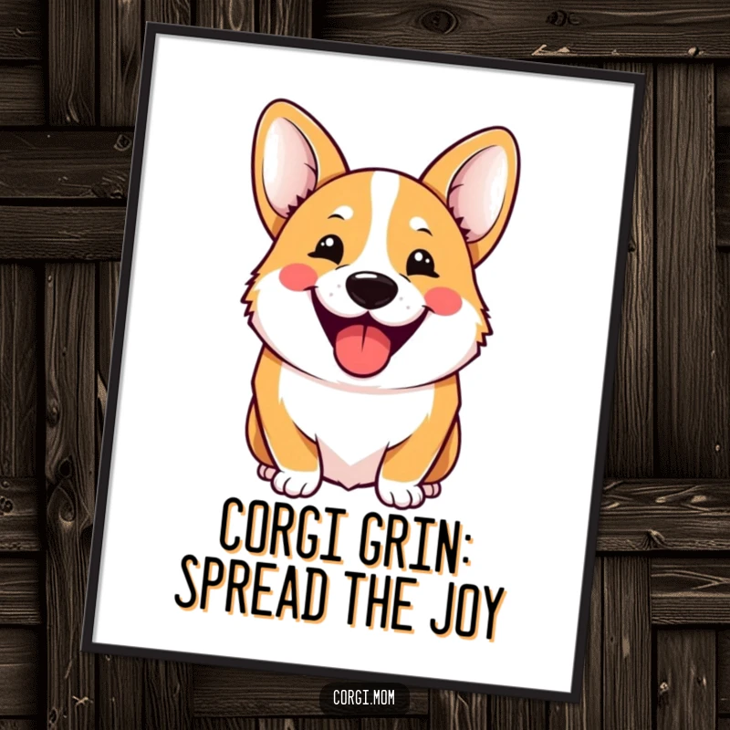 Funny Free Printable Wall Art of a very cheerful kawaii corgi displaying a wide, adorable, happy grin.
