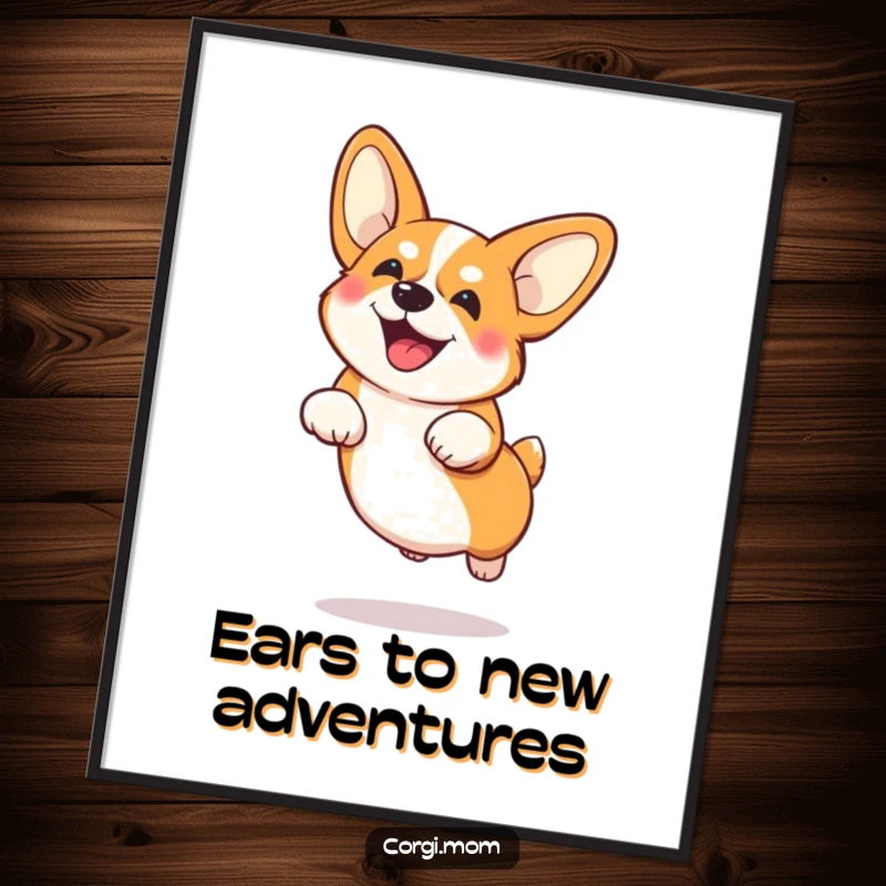 Funny Free Printable Wall Art: A playful Corgi with large ears is captured mid-air during a funny, low-flying jump.