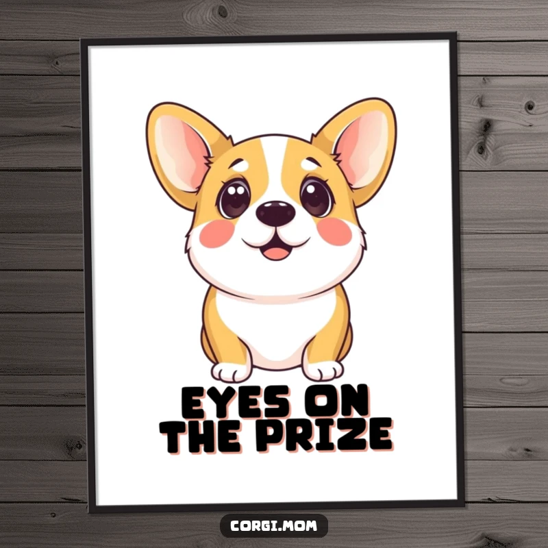 Funny Free Printable Wall Art: Kawaii corgi with large, eager eyes looking up, radiating sweetness and playful charm.