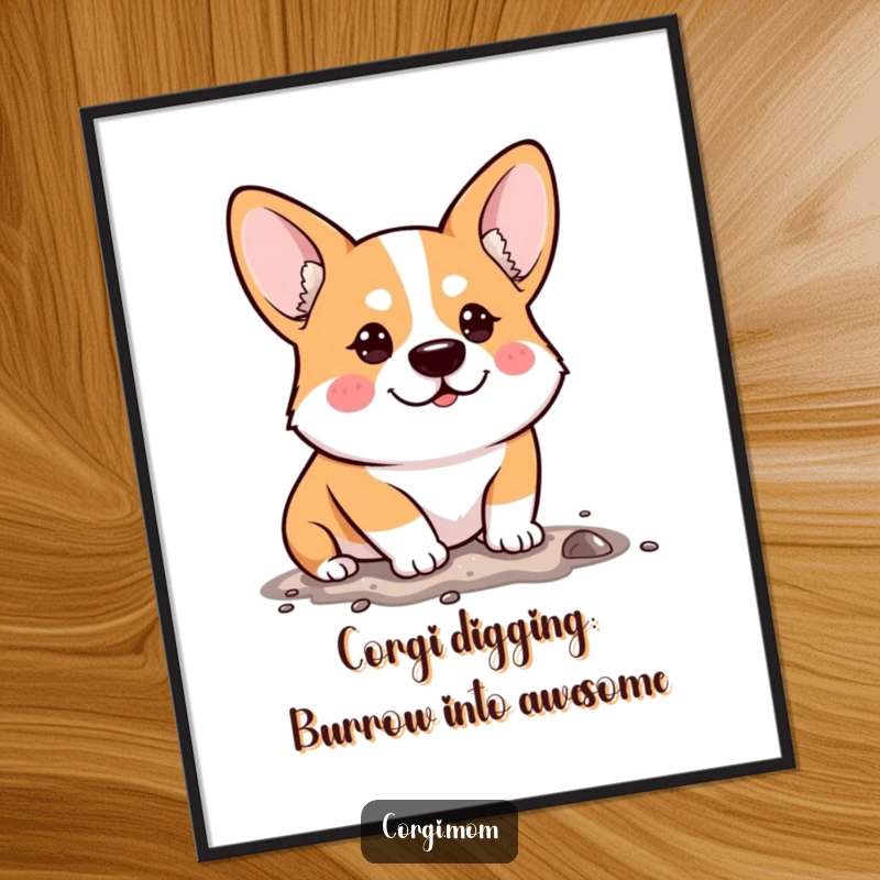 Funny Free Printable Wall Art of a kawaii corgi with a focused, determined look, intensely trying to dig.