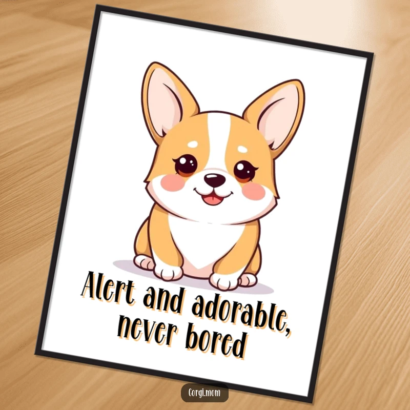 Funny Free Printable Kawaii Corgi Wall Art: Alert dog with perked ears, looking curious and happy, ready to guard your space with smiles.