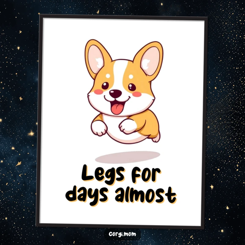 Funny Free Printable Wall Art: Kawaii corgi with comically short legs, running at full speed, bringing energetic vibes.