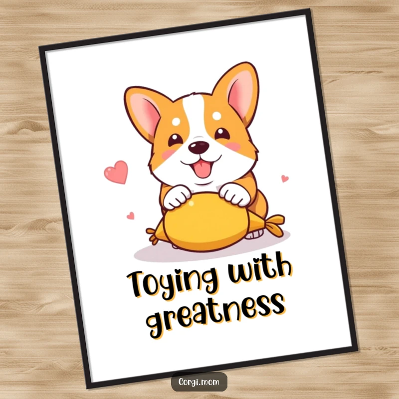 Funny Free Printable Wall Art: Kawaii corgi captured mid-playful pounce on a squeaky toy, bringing joy and humor.