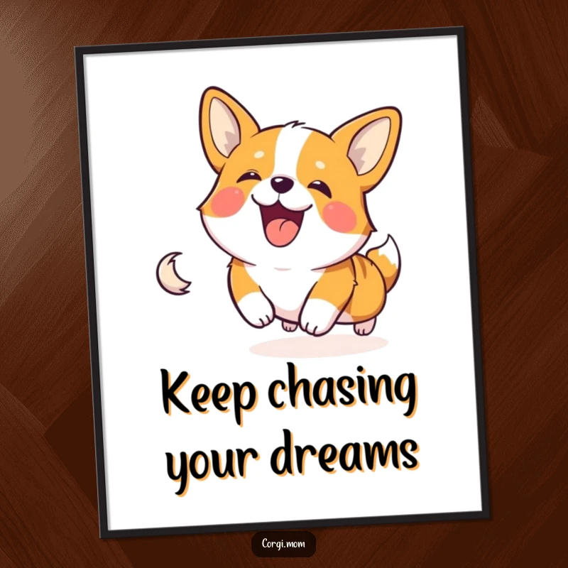Funny Free Printable Wall Art: A happy Corgi character is depicted gleefully chasing its own tail in a comical loop.