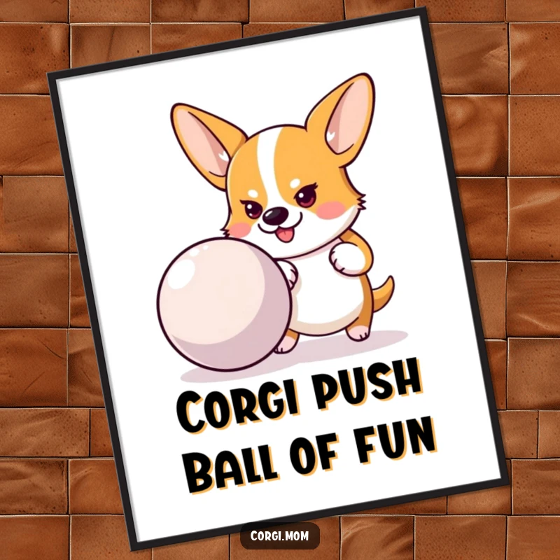 Quirky free printable wall art of a Corgi with a determined expression, vigorously pushing a large bouncy ball, creating a humorous scene.