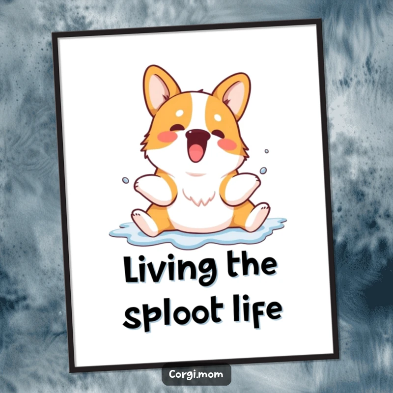 Funny Free Printable Corgi Wall Art: A kawaii corgi captured mid-sploot with legs splayed, radiating pure happiness and comedic joy.