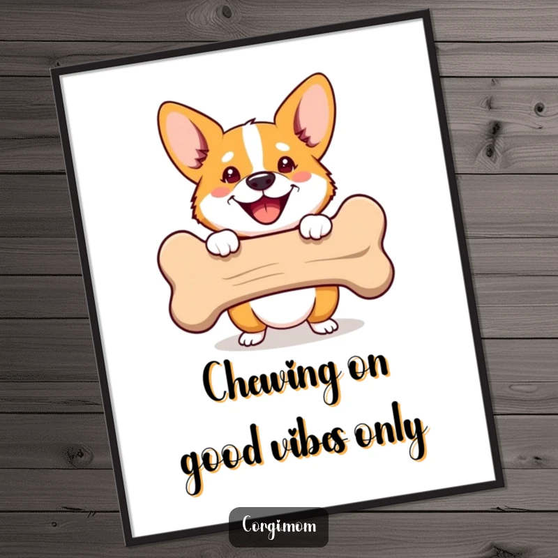 Funny Free Printable Wall Art: Happy Corgi peeking cheerfully from behind a large bone, adding a dose of humor to any space.