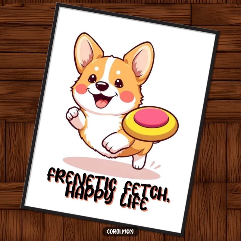 Free Printable Wall Art: A funny Kawaii Corgi joyfully chasing a bright frisbee, capturing pure canine excitement.