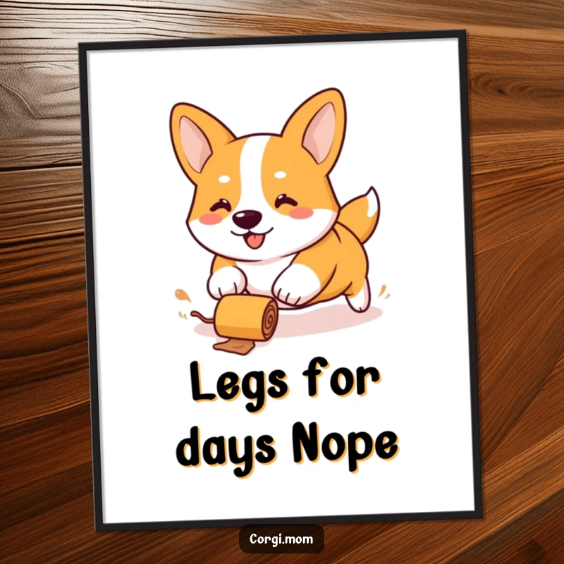 Funny free printable wall art: A kawaii Corgi with extremely stubby legs is caught in a comical, full-speed chase after a rolling treat.