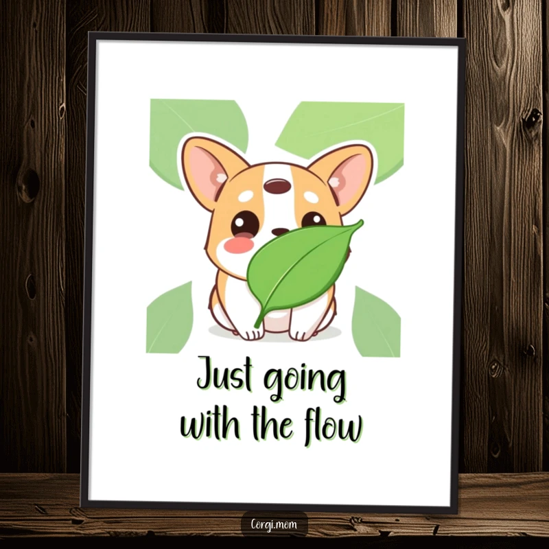 Funny Free Printable Wall Art: Kawaii Corgi tilting head inquisitively at a floating leaf, eyes wide.