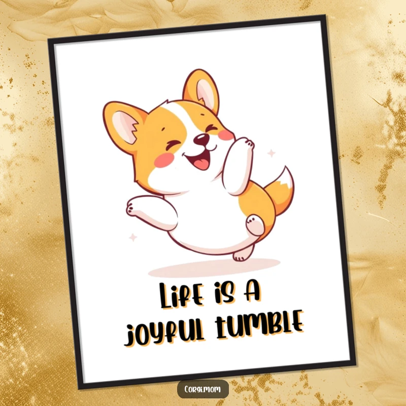 Funny Free Printable Wall Art: A kawaii corgi captured mid-tumble, exuding pure joy and playful energy.
