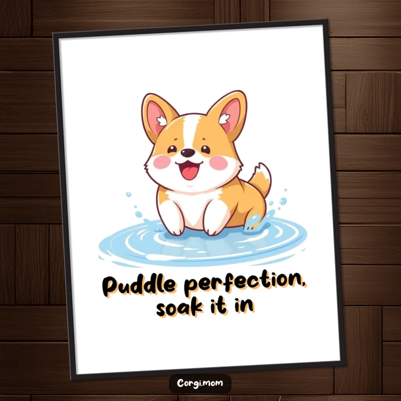 Funny Free Printable Wall Art of a gleeful Kawaii Corgi joyfully splashing in a small puddle, perfect for dog lovers.