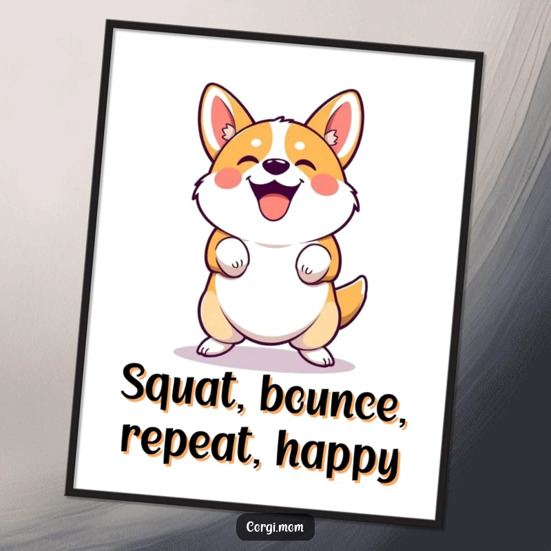 Funny Free Printable Wall Art: Cute Corgi character in a joyful squatting bounce, bringing playful energy and humor to any room.