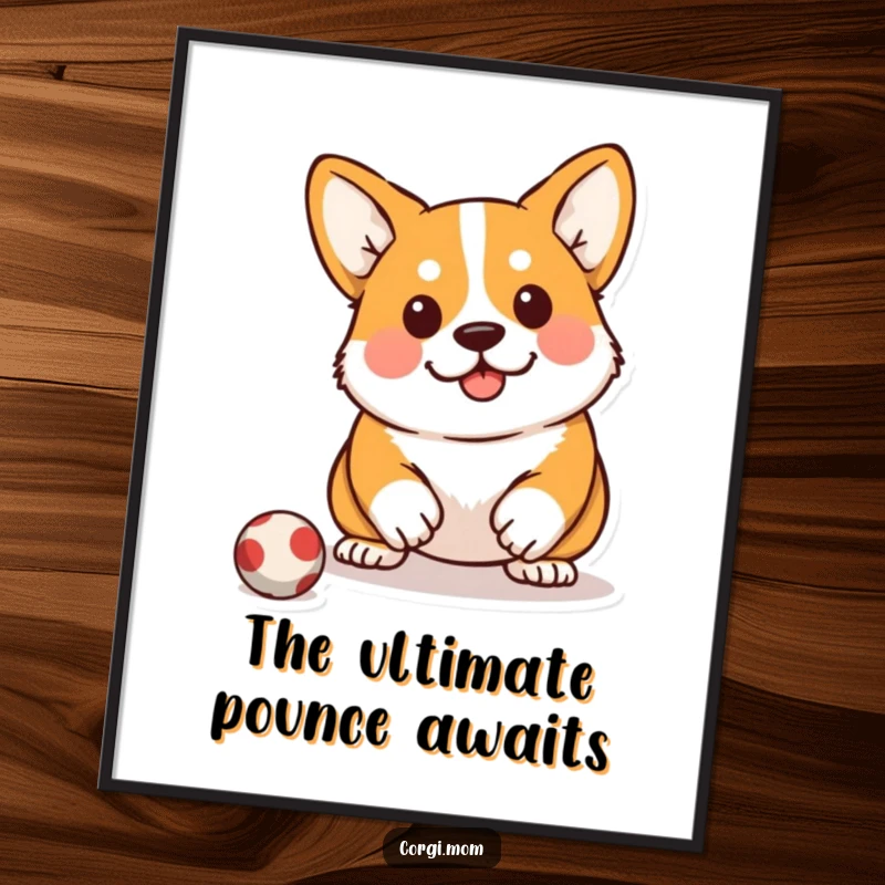Free Printable Wall Art: A funny Kawaii Corgi in a determined squat, eyes locked on its target, ready to pounce.