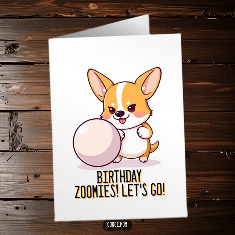 Funny free printable birthday card featuring a Corgi with a determined expression, pushing a large bouncy ball with all its might.