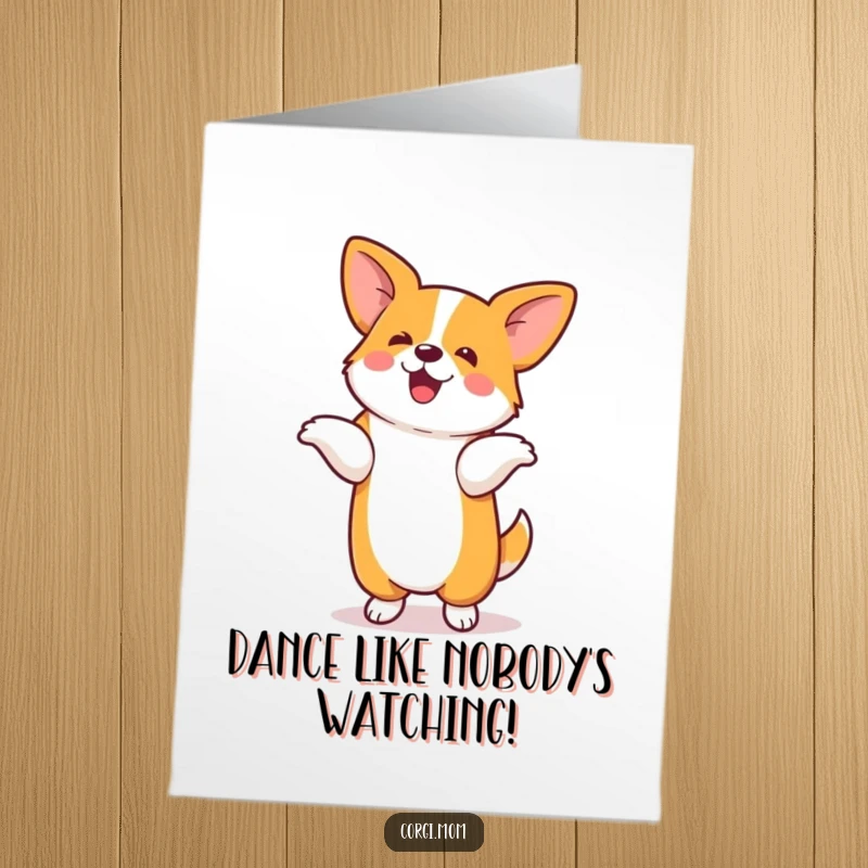 Funny Free Printable Birthday Card: Goofy kawaii corgi energetically dancing on its hind legs with pure joy and silly moves.
