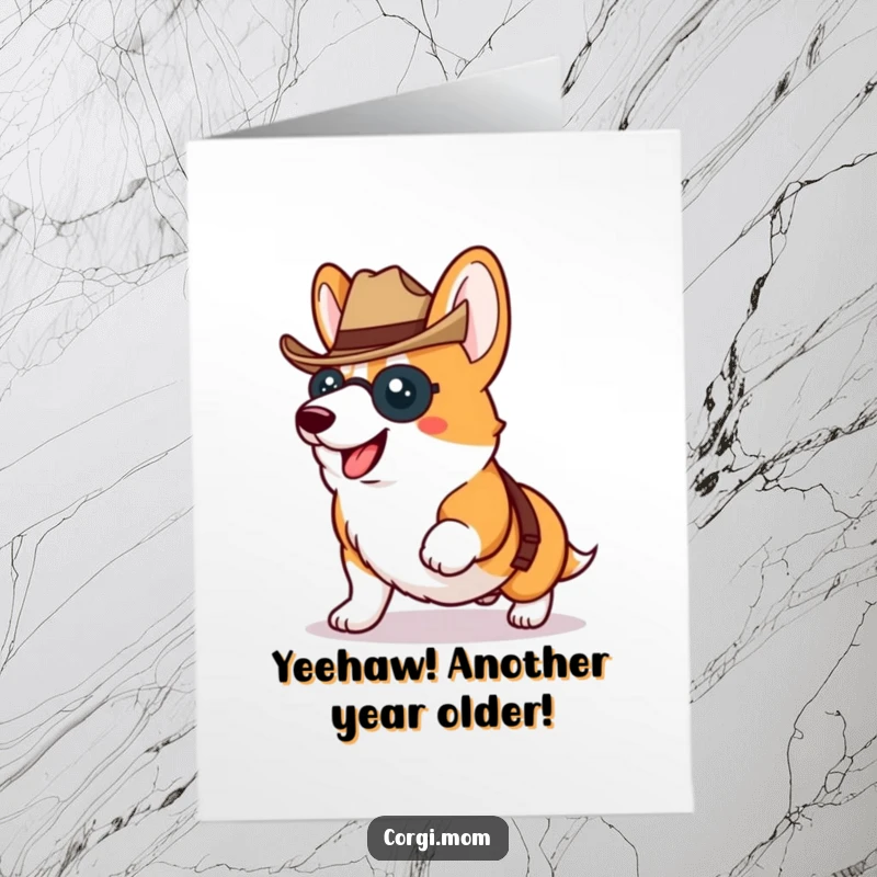 Funny Free Printable Birthday Card: Kawaii Corgi wearing a tiny cowboy hat, proudly trotting, western theme, happy birthday.