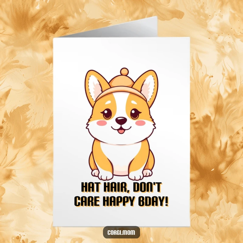 Funny free printable birthday card: A kawaii Corgi sports a tiny hat tipped askew, wearing a priceless, goofy expression.