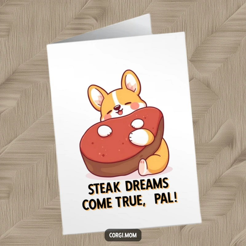 Funny Free Printable Birthday Card: Kawaii Corgi joyfully hugging a massive, plush steak, ready for a laugh.
