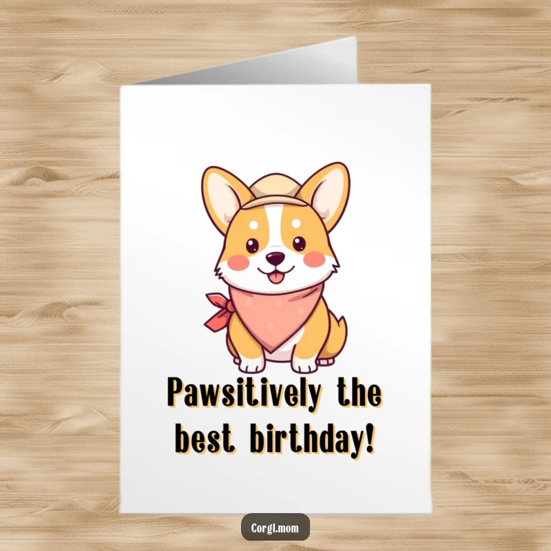 Funny Free Printable Birthday Card: Kawaii corgi wearing a cute little bandana and hat, ready to party with a big smile.